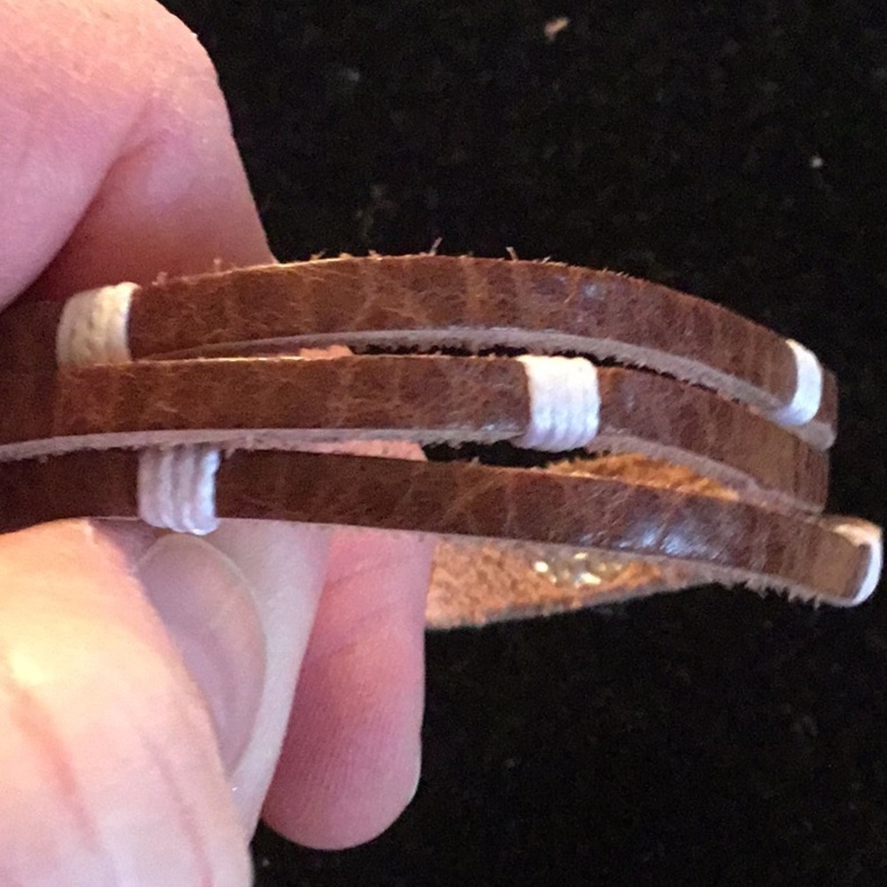 AGED BROWN LEATHER BRACELET W/ WHITE WRAP STRINGS - Picture 4 of 5